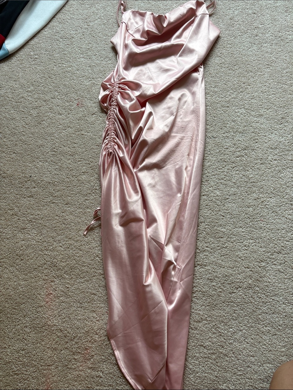 Satin Ruched Cowl Neck Slip Dress in Blush Pink